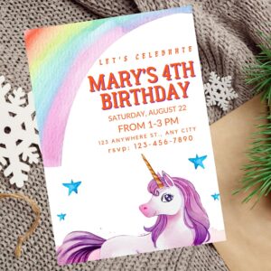 Editable unicorn birthday invitation with rainbow and stars.