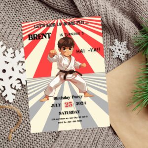 Karate-themed birthday party invite featuring a boy in uniform.