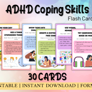 ADHD coping skills cards, ADHD therapy tools, ADHD bundle, adhd for adults, adhd for teens resources, adhd visual aids Grounding Techniques,