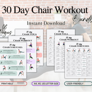 Printable 30-Day Chair Workout Bundle with seated exercises for all fitness levels. Includes A4, A5, and US Letter sizes, perfect for tracking progress and staying active. Ideal for seniors, beginners, or gentle fitness routines.