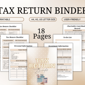 Tax Return Binder Checklist, Tax Organizer Binder, Tax Prep Deductions Checklist, Tax Log,Tax Return Template,Tax List, Tax Season Printable