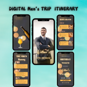 Editable men’s itinerary invitation with modern minimalist design.