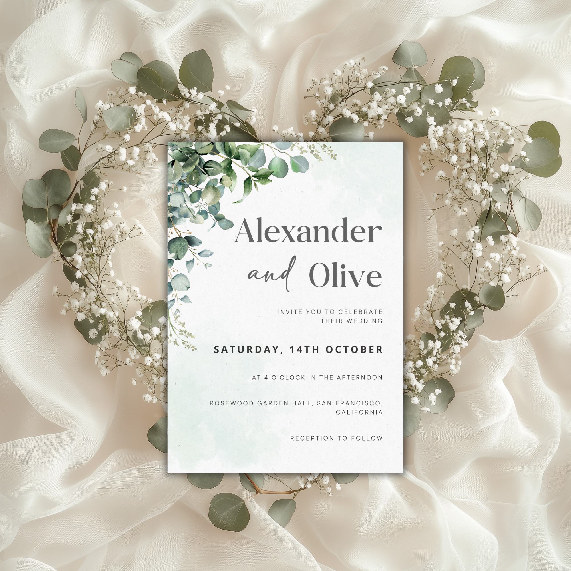 Editable Eucalyptus Wedding Invitation Set with QR Code | Sage Green Boho Template - Image 2