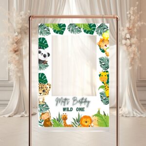 Printable "Wild One" birthday photo prop frame with greenery accents.