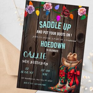Editable cowboy birthday party invitation with rustic western design.