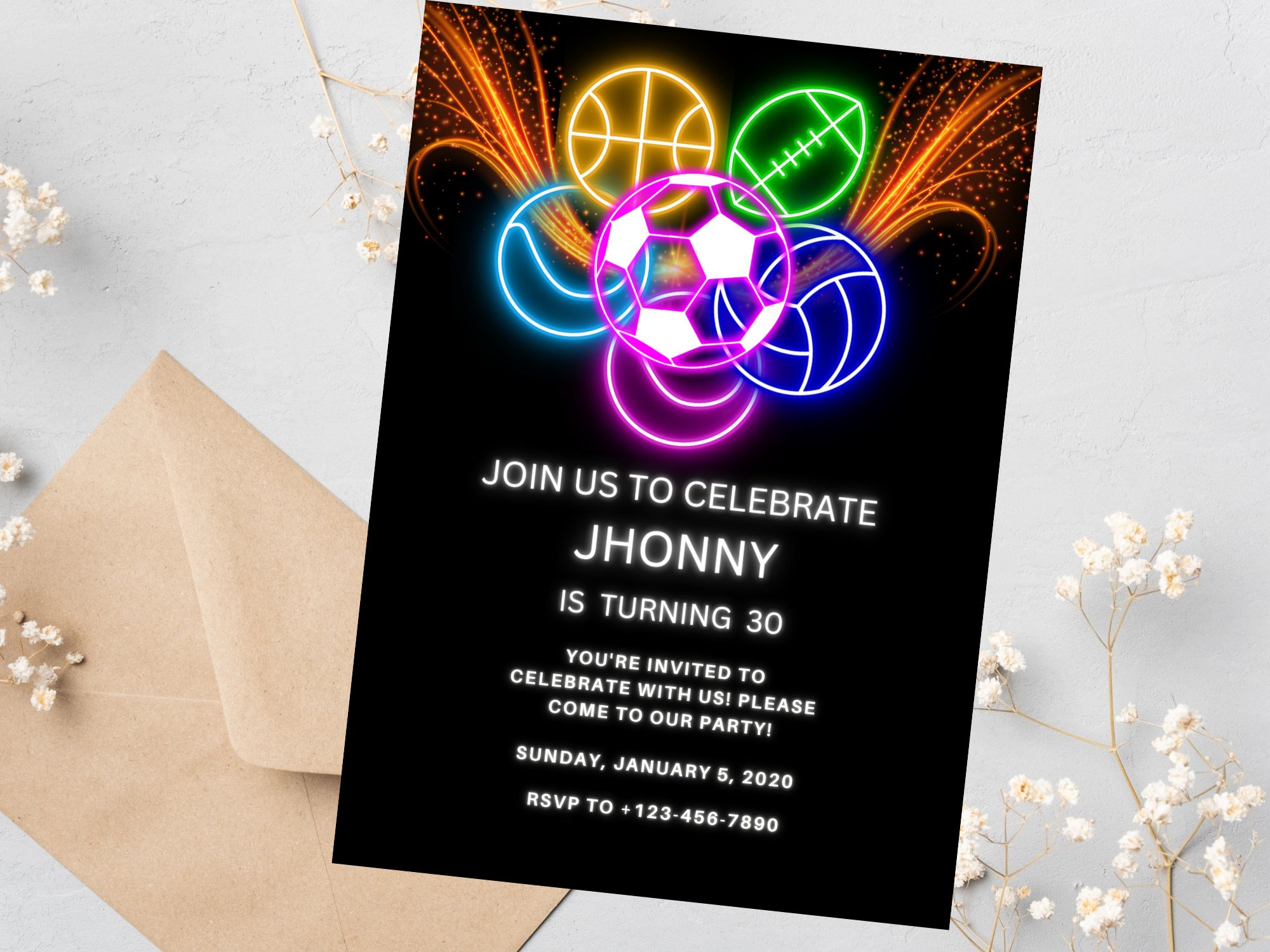Printable all-star sports invite featuring glowing football, basketball, and more.