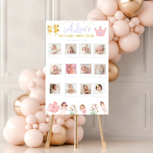 Editable fairy-themed first birthday photo collage poster for baby girl
