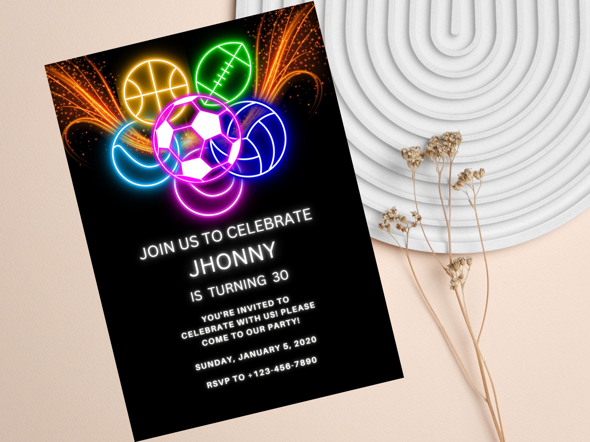 Digital sports party invitation template with neon colors and bold design.