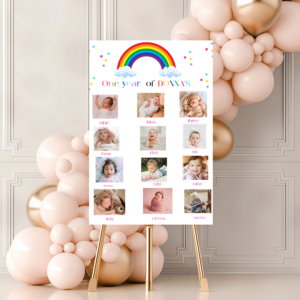 Editable 12-month baby photo poster in rainbow colors.