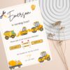 Printable construction site party card with diggers and cranes
