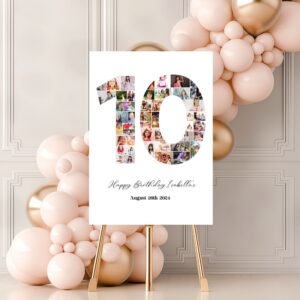 Gender-neutral birthday milestone sign with ten years of photo memories