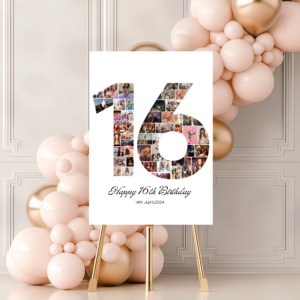 Custom 16th birthday photo milestone sign with modern, stylish layout