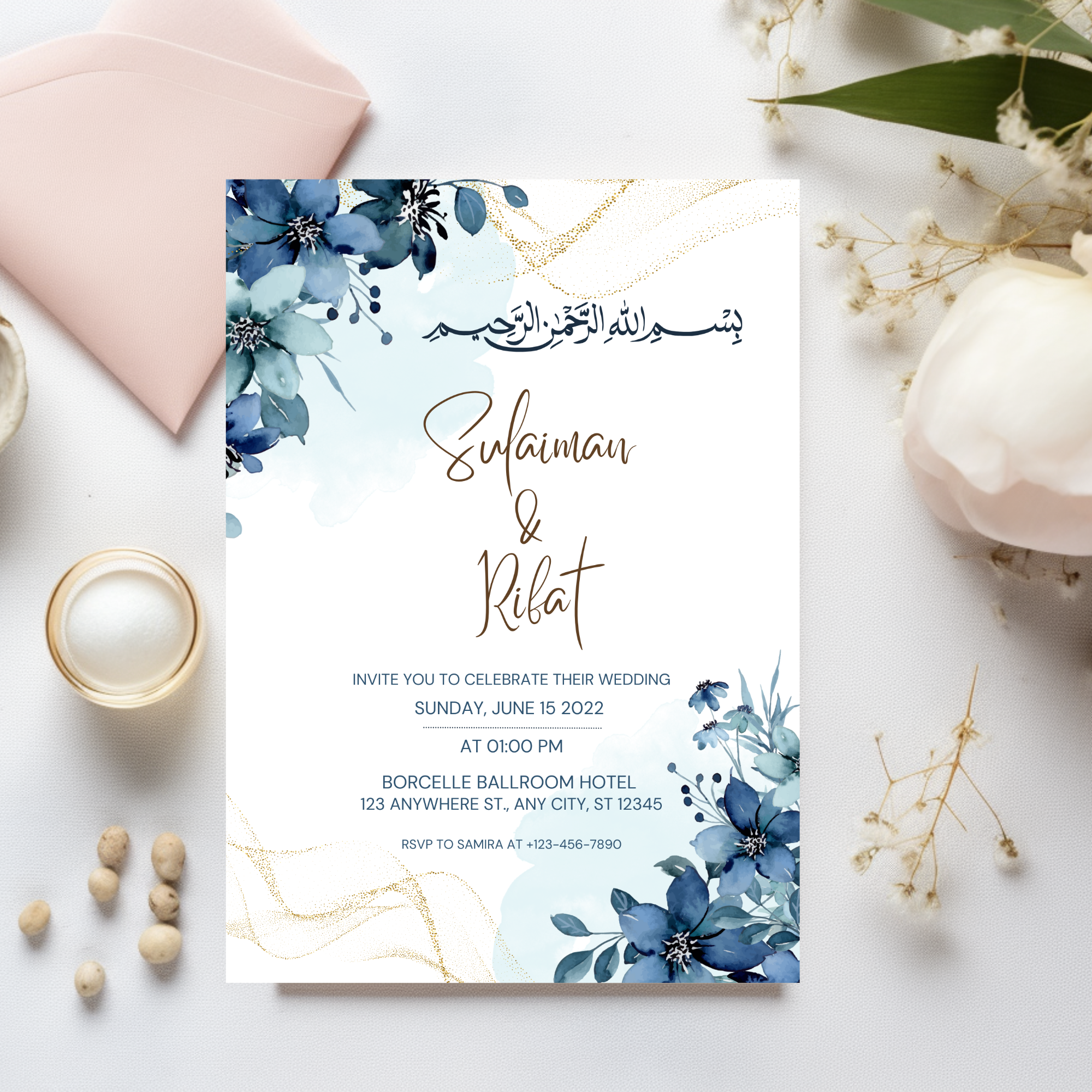 Editable Muslim wedding invitation template with floral accents