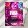 Editable disco-themed birthday invitation with neon glow accents.