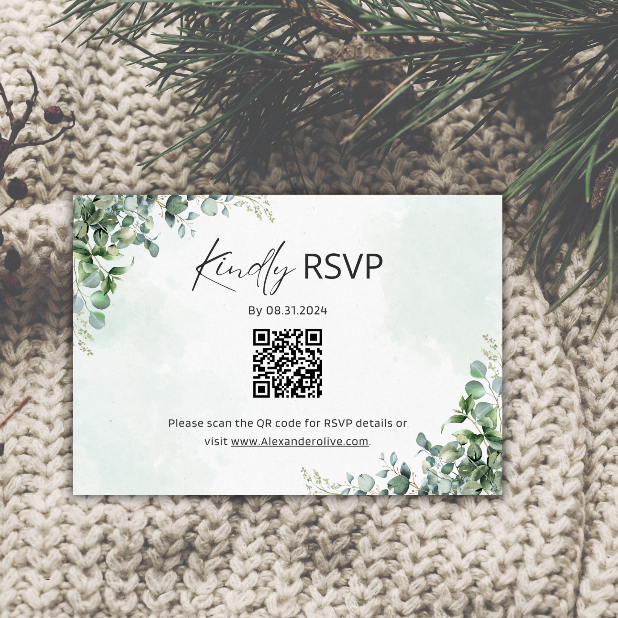 Editable Eucalyptus Wedding Invitation Set with QR Code | Sage Green Boho Template - Image 4