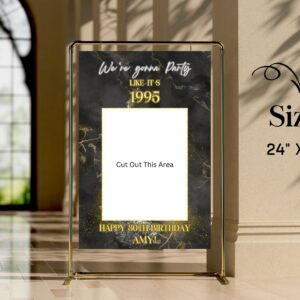 Printable birthday selfie frame template with elegant black and gold design.