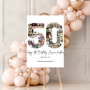 Custom printable welcome sign for 50th birthday featuring personal photos and key life highlights