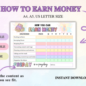 Allowance Chore Chart for Kids, Editable How To Earn Money Chore Chart, Printable Chore Chart for kid, Responsibility chart, Incentive Chart