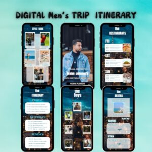 Editable men’s itinerary invitation with bold, modern design.