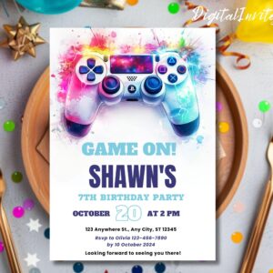 Video Game Party Invitation, EDITABLE Level Up Birthday Invite, Blue Neon Glow Invite, Glow Video Gamer Boy Template Arcade Party Invitation