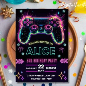 Video Game Party Invitation, EDITABLE Level Up Birthday Invite, Blue Neon Glow Invite, Glow Video Gamer Boy Template Arcade Party Invitation