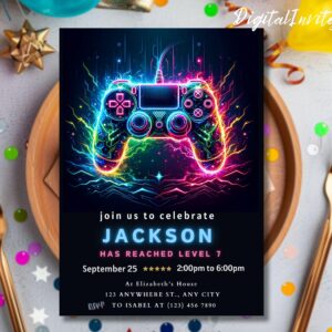 Video Game Party Invitation, EDITABLE Level Up Birthday Invite, Blue Neon Glow Invite, Glow Video Gamer Boy Template Arcade Party Invitation