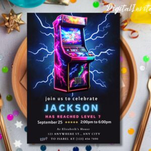 Editable Arcade Birthday Party Invitation Minimalist Neon Boy Video Game Party Glow Gaming Arcade Birthday Invite Neon Glow Party Download