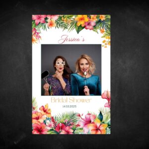 Tropical Bridal Shower Selfie Frame | Editable Photo Booth Sign | Hibiscus & Greenery Canva Template