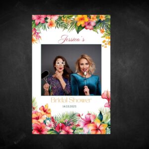 Tropical Bridal Shower Selfie Frame | Editable Photo Booth Sign | Hibiscus & Greenery Canva Template