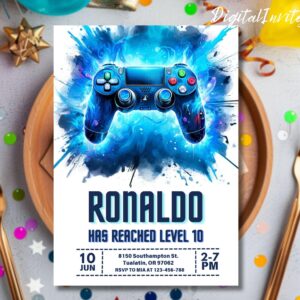 Video Game Party Invitation, EDITABLE Level Up Birthday Invite, Blue Neon Glow Invite, Glow Video Gamer Boy Template Arcade Party Invitation