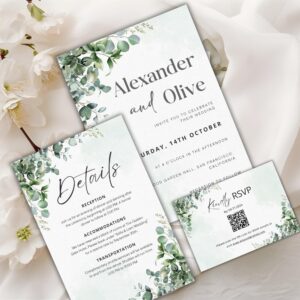 Editable Eucalyptus Wedding Invitation Set with QR Code | Sage Green Boho Template