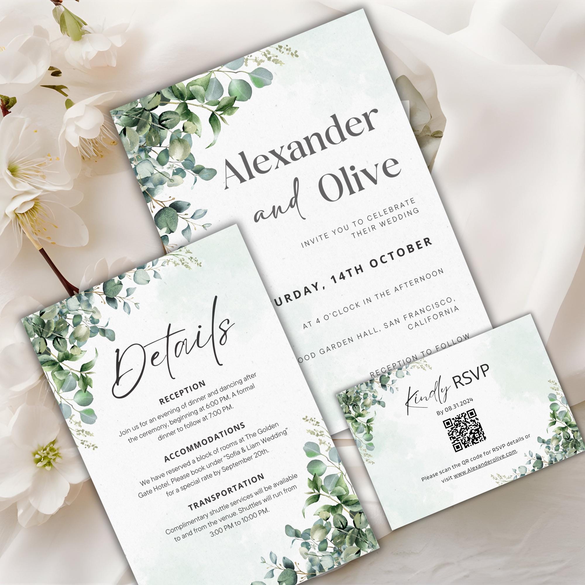 Editable Eucalyptus Wedding Invitation Set with QR Code | Sage Green Boho Template