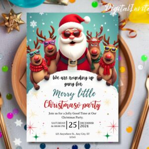 Editable Reindeer Christmas Party invitation, We're Rounding Up the Gang Invite Rudolph Themed Invite Holiday Christmas Instant Download