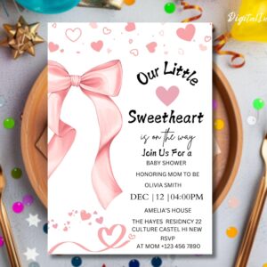 Pink Bow Baby Shower Invitation Template Download, Baby Girl, Pink Coquette Baby Shower Invite Printable, Pink Baby Shower Invitation Girl