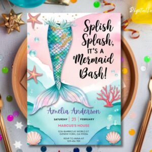 Mermaid Birthday Invitation, Mermaid Bash Under the Sea Birthday Invite, Mermaid Invites, Editable Canva