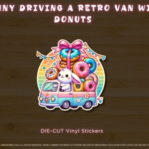 Bunny Driving Retro Van with Donuts Sticker, Retro Pastel Animal and Pastry Sticker, Matte Vinyl Laminated Sticker for Pastry & Animal Lover
