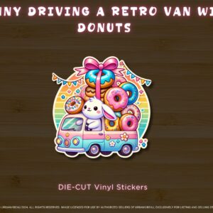Bunny Driving Retro Van with Donuts Sticker, Retro Pastel Animal and Pastry Sticker, Matte Vinyl Laminated Sticker for Pastry & Animal Lover