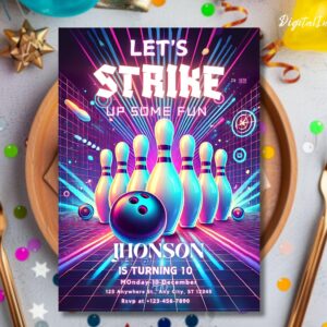 Editable Bowling Birthday Invitation, Glow Bowling Invitation, Neon Bowling Party, Boy Bowling Invite, Glow Invite, Strike Up Some Fun