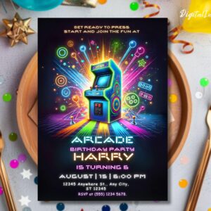 Editable Arcade Birthday Party Invitation Minimalist Neon Boy Game Party Glow Gaming Arcade Birthday Party Neon Glow Party Instant Download