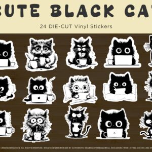 Black Cat Die-Cut Sticker Pack – 24 Adorable Vinyl Laminated Stickers for Journaling, Crafting & Decorating