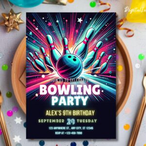 Editable Bowling Birthday Invitation, Glow Bowling Invitation, Neon Bowling Party, Boy Bowling Invite, Glow Invite, Strike Up Some Fun