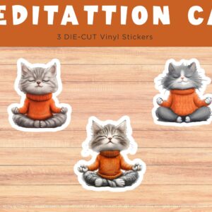 Meditation Cat Vinyl Stickers, Yoga Cat Sticker, Calm & Cute Meditation Cat Waterproof and Laminated for Durability