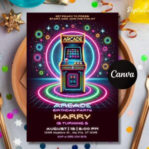 Editable Arcade Birthday Party Invitation Minimalist Neon Boy Game Party Glow Gaming Arcade Birthday Party Neon Glow Party Instant Download