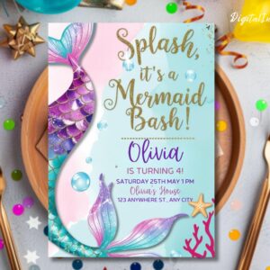 Mermaid Birthday Invitation, Mermaid Bash Under the Sea Birthday Invite, Mermaid Invites, Editable Canva