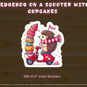 Hedgehog Cupcake Scooter Sticker, Sweet Valentine's Day Sticker, Matte Vinyl Laminated Sticker, Cute Animal and Dessert-Themed Sticker