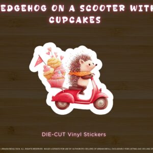 Hedgehog Cupcake Scooter Sticker, Sweet Valentine's Day Sticker, Matte Vinyl Laminated Sticker, Cute Animal and Dessert-Themed Sticker