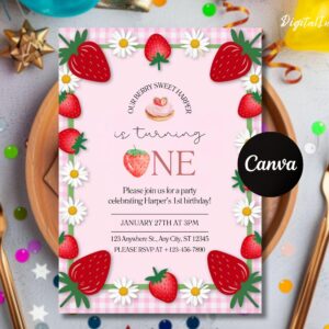 Editable Strawberry First Birthday Invitation - Printable 1st Birthday Girl Invite Template