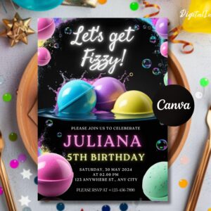 Bath Bomb Birthday Invitation | Editable Spa Birthday Invite | Bath Bomb Printable | Bath Time Theme | Bath Bomb Card