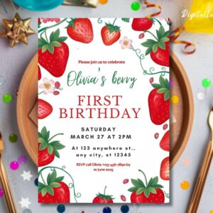 Berry First Birthday Invitation 1st Birthday Invitation Girl Birthday Strawberry Birthday Invite Digital Download Invitation Template