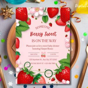 Berry Sweet Baby Shower Invitation, Berry Sweet Baby Shower Blush Berry, Berry Sweet Invitation, Strawberry Baby Shower, Canva